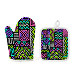 Neon Native Aztec Pattern Print Oven Mitt And Pot Holder Set