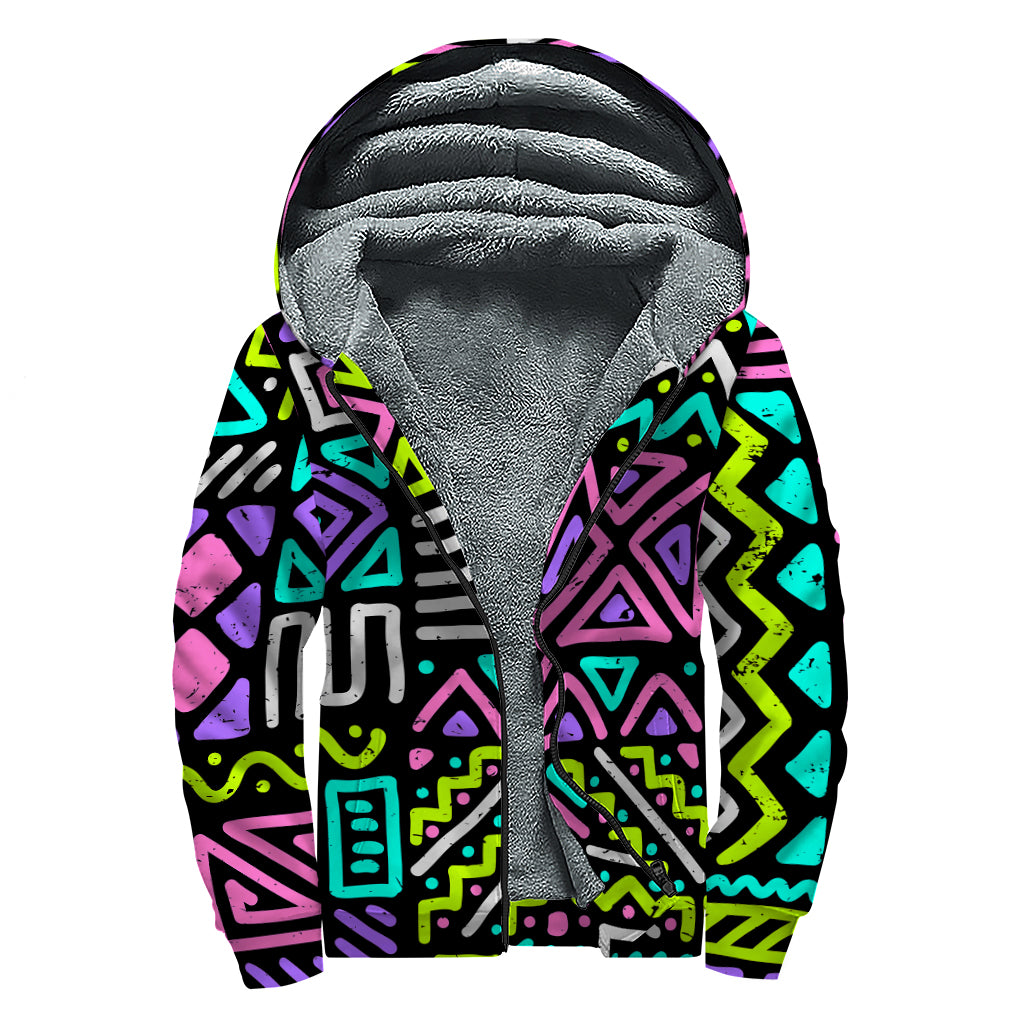 Neon Native Aztec Pattern Print Sherpa Lined Zip Up Hoodie