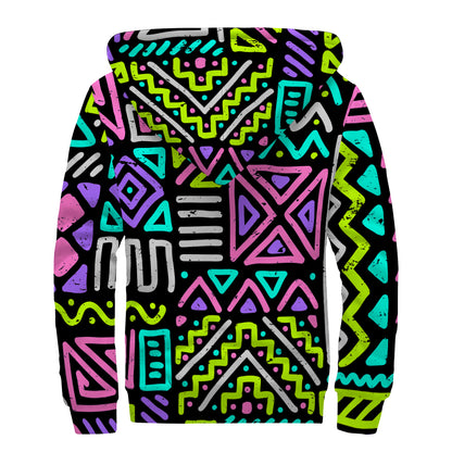 Neon Native Aztec Pattern Print Sherpa Lined Zip Up Hoodie