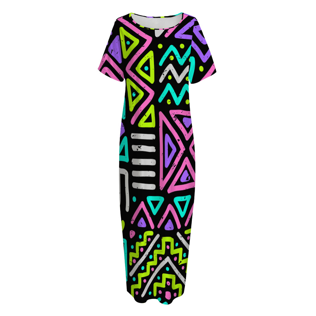 Neon Native Aztec Pattern Print Short Sleeve Long Nightdress