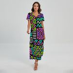 Neon Native Aztec Pattern Print Short Sleeve Maxi Dress