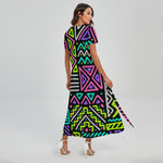 Neon Native Aztec Pattern Print Short Sleeve Maxi Dress
