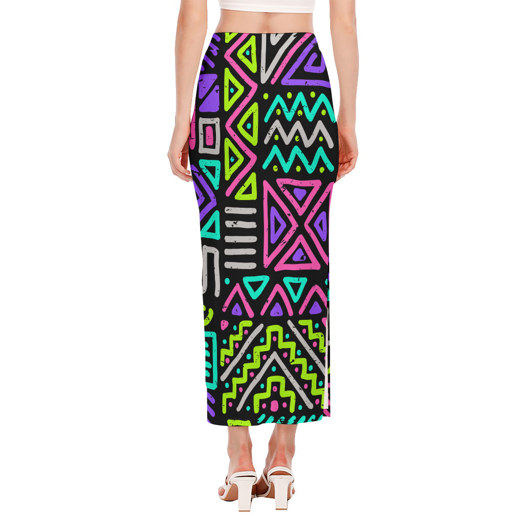 Neon Native Aztec Pattern Print Side Slit Maxi Skirt