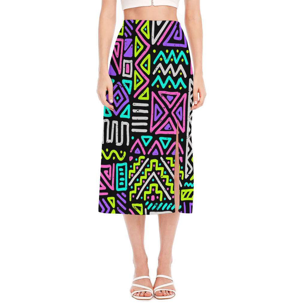 Neon Native Aztec Pattern Print Side Slit Midi Skirt