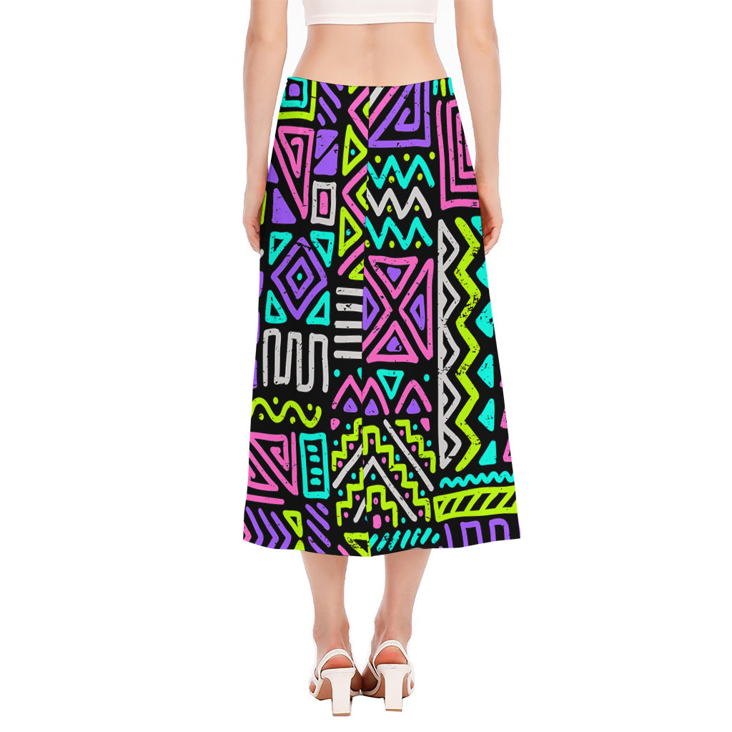 Neon Native Aztec Pattern Print Side Slit Midi Skirt