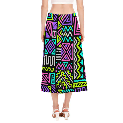 Neon Native Aztec Pattern Print Side Slit Midi Skirt