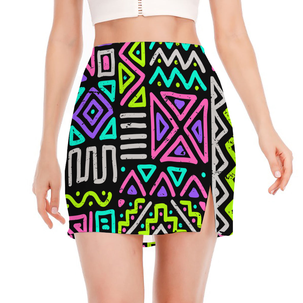 Neon Native Aztec Pattern Print Side Slit Mini Skirt