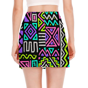 Neon Native Aztec Pattern Print Side Slit Mini Skirt