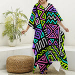 Neon Native Aztec Pattern Print Silk V-Neck Kaftan Dress