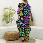Neon Native Aztec Pattern Print Silk V-Neck Kaftan Dress