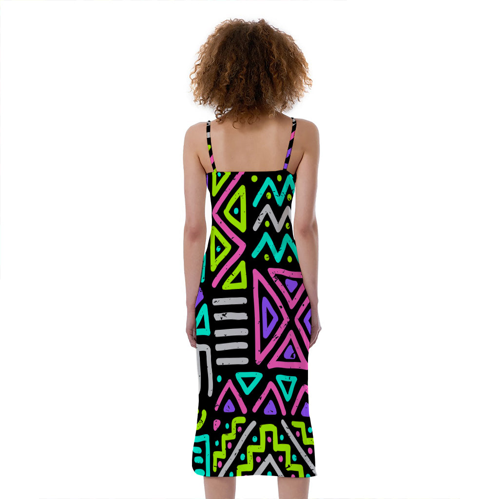 Neon Native Aztec Pattern Print Slim Fit Midi Cami Dress