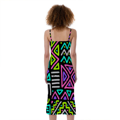 Neon Native Aztec Pattern Print Slim Fit Midi Cami Dress