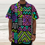 Neon Native Aztec Pattern Print Textured Short Sleeve Shirt
