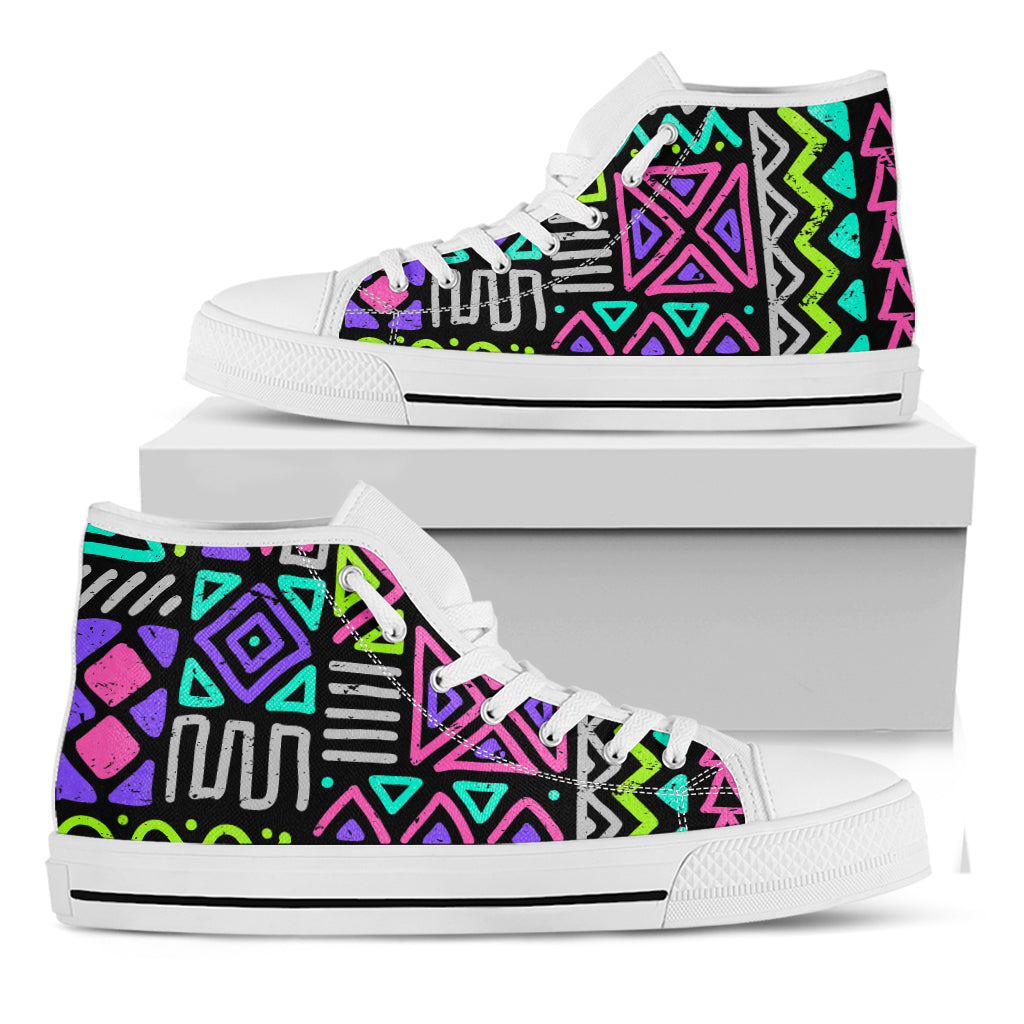 Neon Native Aztec Pattern Print White High Top Sneakers