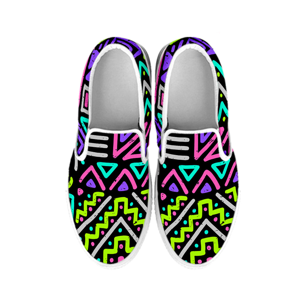 Neon Native Aztec Pattern Print White Slip On Sneakers