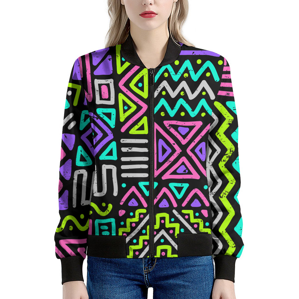 Neon Native Aztec Pattern Print Women's Bomber Jacket