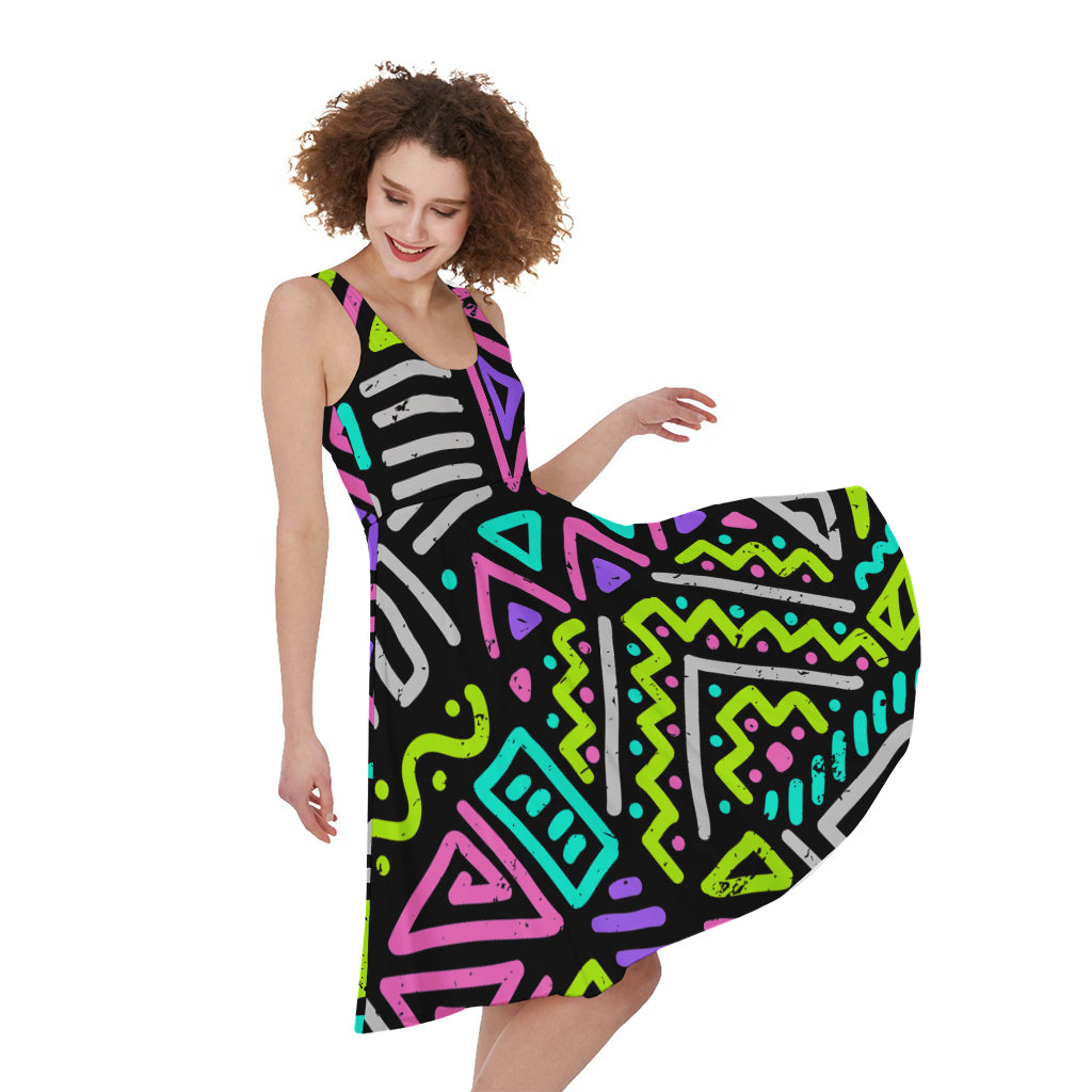 Neon Native Aztec Pattern Print Women's Sleeveless Dress