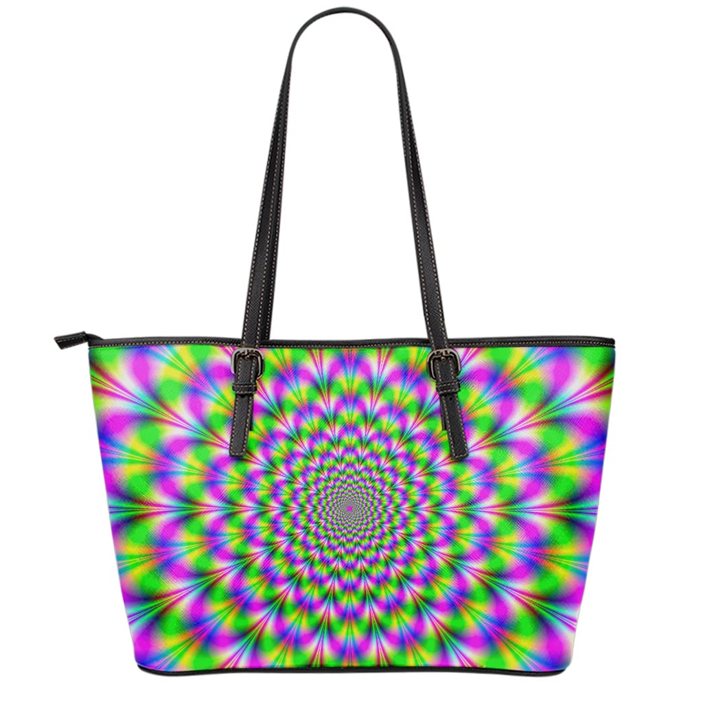 Neon Psychedelic Optical Illusion Leather Tote Bag