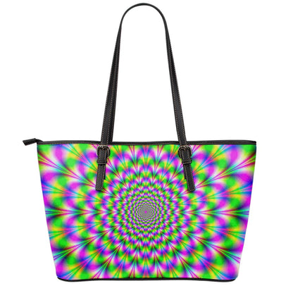Neon Psychedelic Optical Illusion Leather Tote Bag