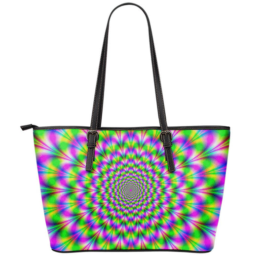 Neon Psychedelic Optical Illusion Leather Tote Bag