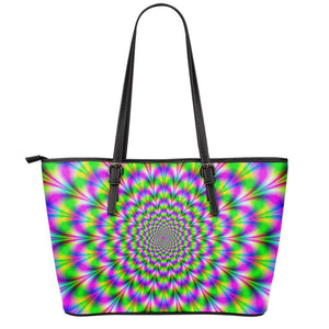 Neon Psychedelic Optical Illusion Leather Tote Bag