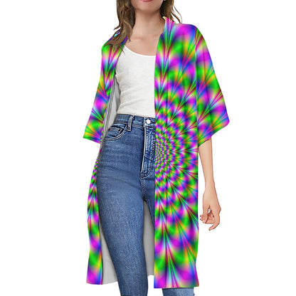 Neon Psychedelic Optical Illusion Open Front Beach Cover Up