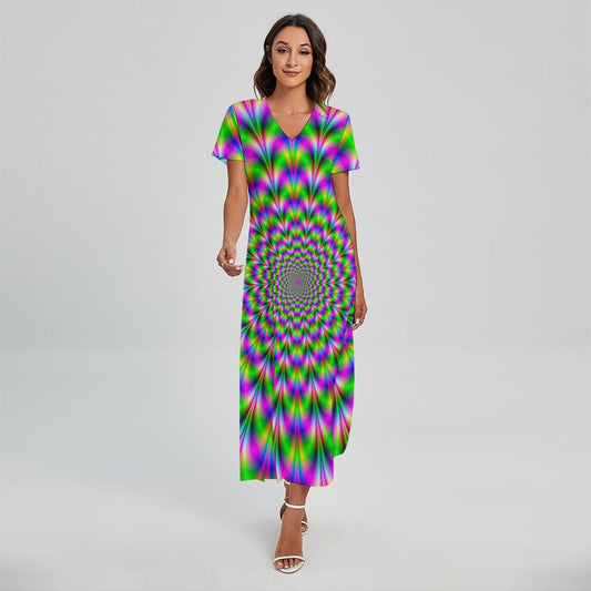 Neon Psychedelic Optical Illusion Short Sleeve Maxi Dress