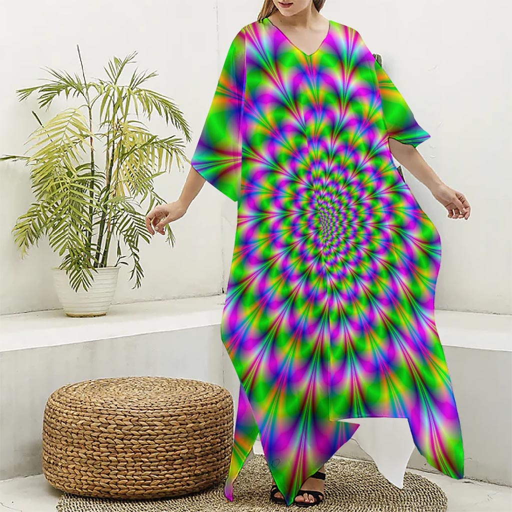 Neon Psychedelic Optical Illusion Silk V-Neck Kaftan Dress
