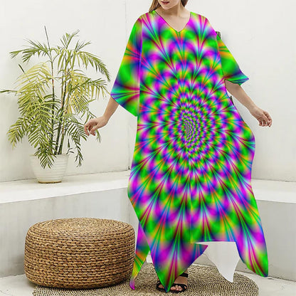 Neon Psychedelic Optical Illusion Silk V-Neck Kaftan Dress