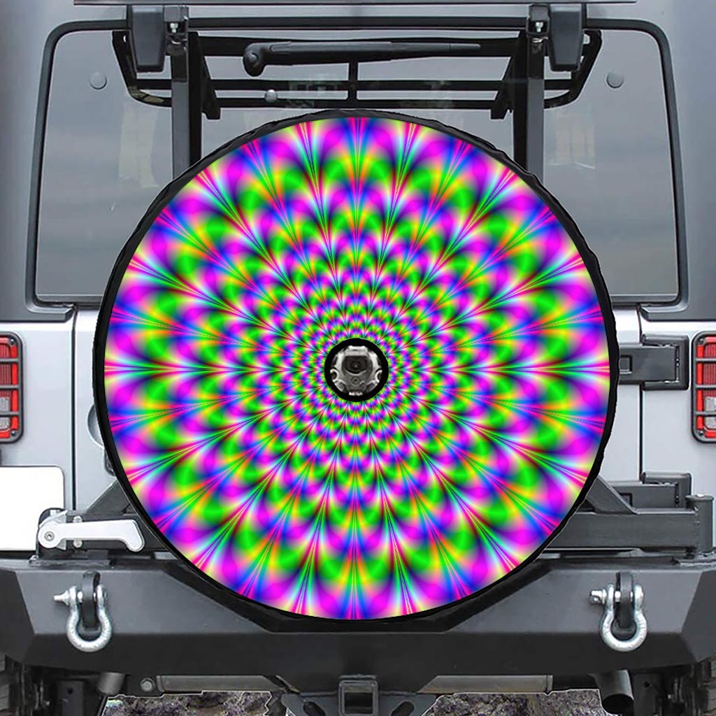 Neon Psychedelic Optical Illusion Tire Cover With Camera Hole