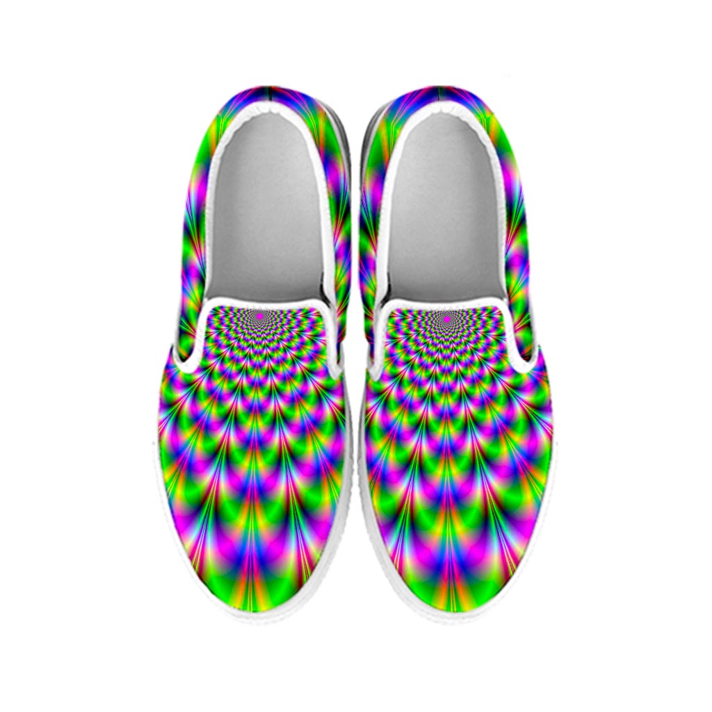 Neon Psychedelic Optical Illusion White Slip On Sneakers