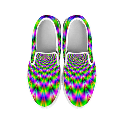 Neon Psychedelic Optical Illusion White Slip On Sneakers