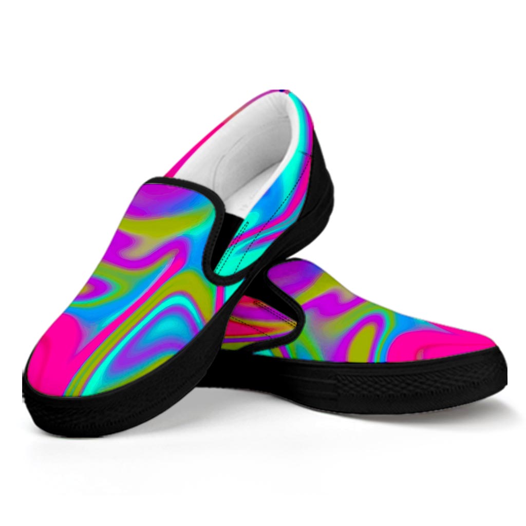 Neon Psychedelic Trippy Print Black Slip On Sneakers