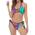 Neon Psychedelic Trippy Print Halter Scoop Tie Side Bikini