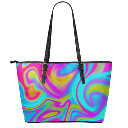 Neon Psychedelic Trippy Print Leather Tote Bag