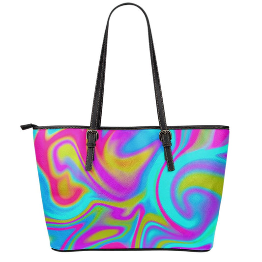 Neon Psychedelic Trippy Print Leather Tote Bag