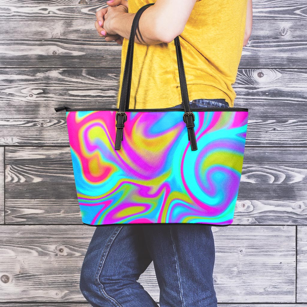 Neon Psychedelic Trippy Print Leather Tote Bag