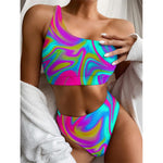 Neon Psychedelic Trippy Print One Shoulder Bikini Top