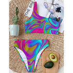 Neon Psychedelic Trippy Print One Shoulder Bikini Top