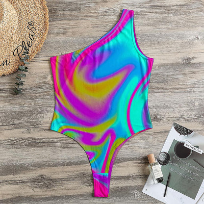 Neon Psychedelic Trippy Print One Shoulder Bodysuit
