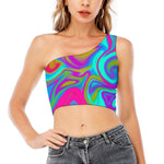 Neon Psychedelic Trippy Print One Shoulder Crop Top