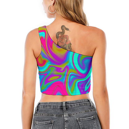 Neon Psychedelic Trippy Print One Shoulder Crop Top