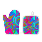 Neon Psychedelic Trippy Print Oven Mitt And Pot Holder Set