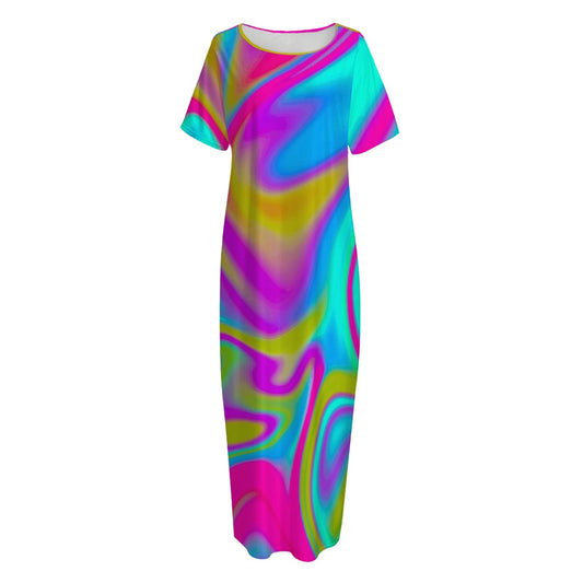 Neon Psychedelic Trippy Print Short Sleeve Long Nightdress