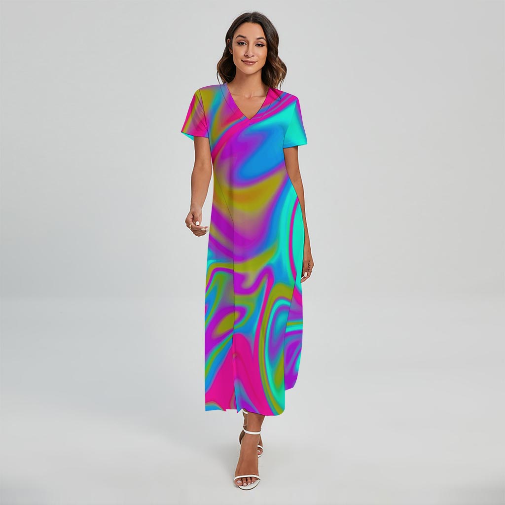 Neon Psychedelic Trippy Print Short Sleeve Maxi Dress