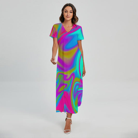 Neon Psychedelic Trippy Print Short Sleeve Maxi Dress