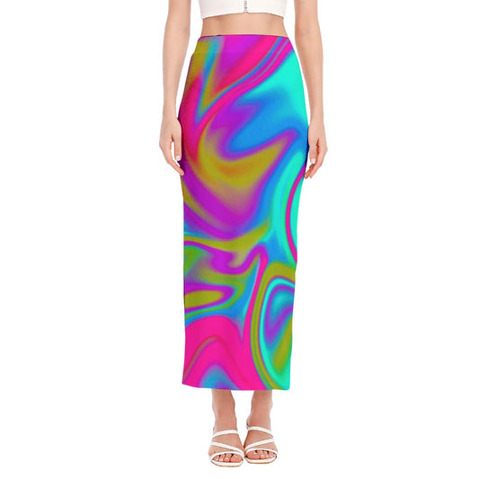 Neon Psychedelic Trippy Print Side Slit Maxi Skirt