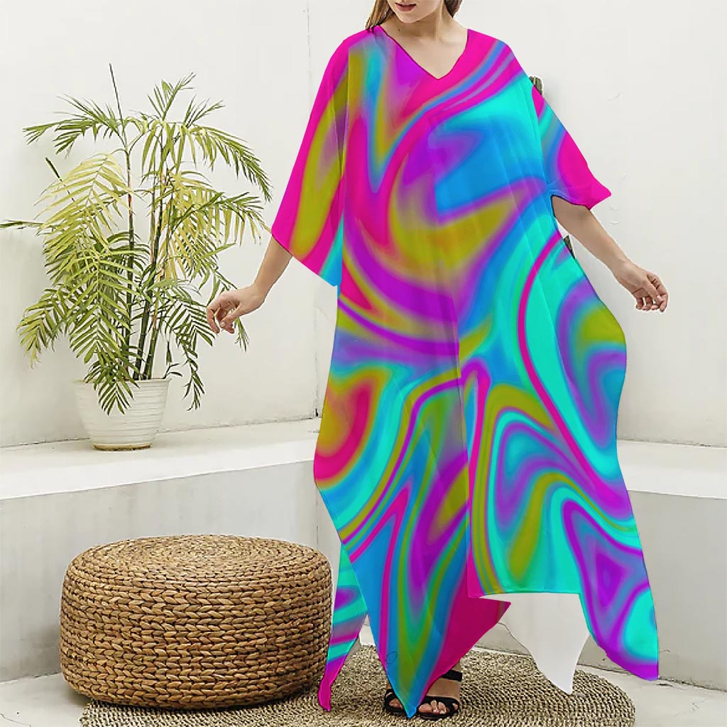 Neon Psychedelic Trippy Print Silk V-Neck Kaftan Dress