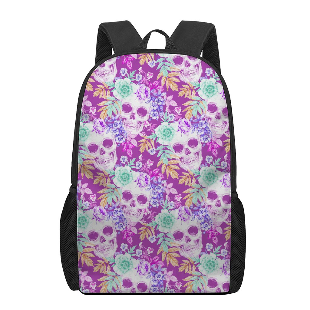 Neon Skull Floral Pattern Print 17 Inch Backpack