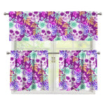 Neon Skull Floral Pattern Print 3 Piece Kitchen Curtains